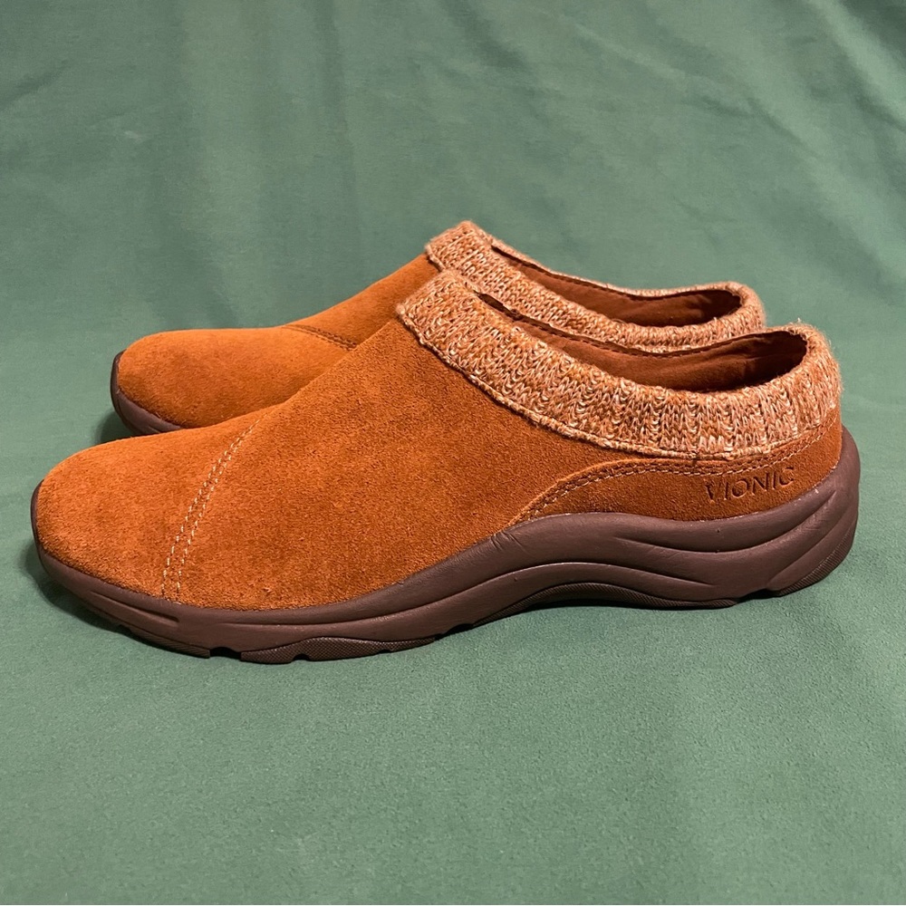 Vionic Arbor Clog Slides Brown Suede Knit Cuff Slip-on Comfort Mules Women's 9